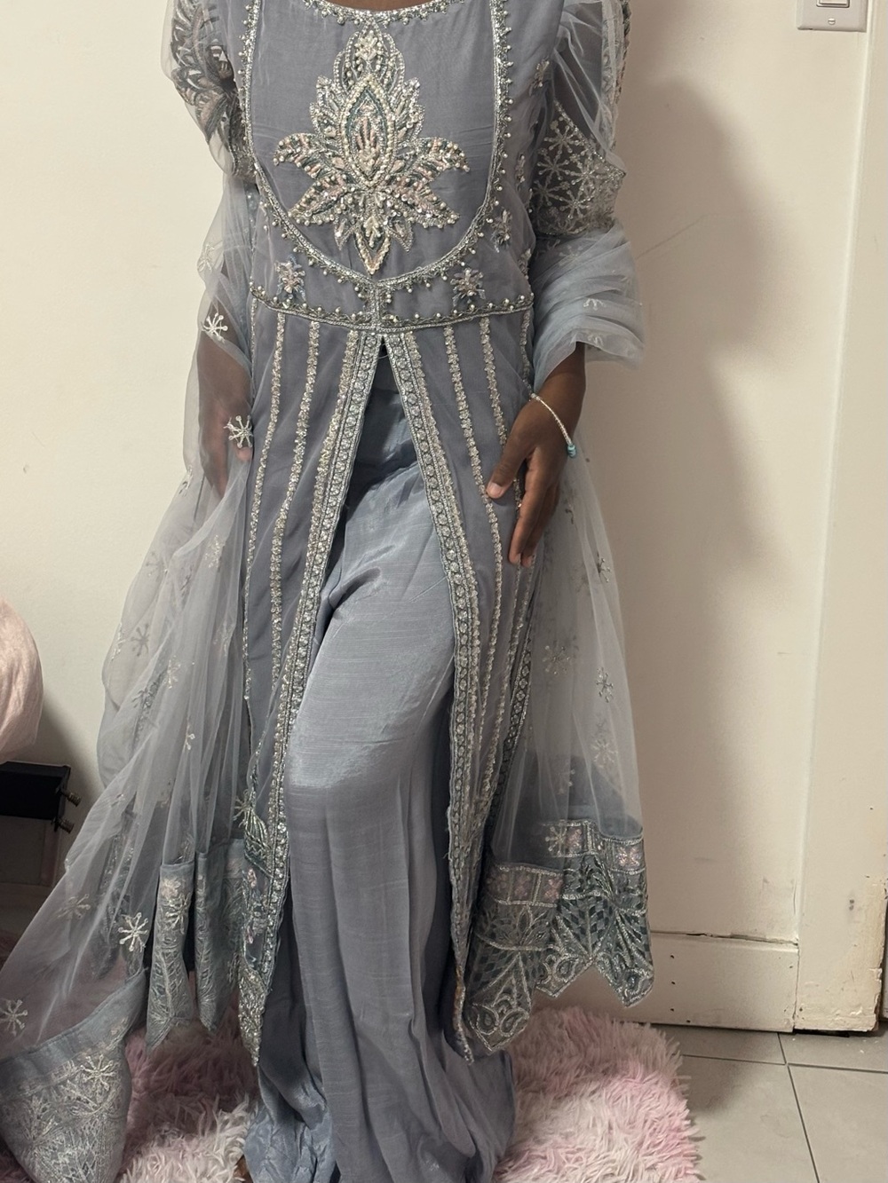 Biba Silver-Grey Embellished Long Sleeve Anarkali Set